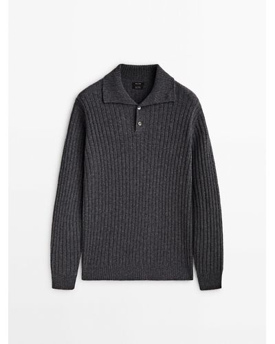 MASSIMO DUTTI Ribbed Knit Sweater With Mock Neck And Buttons - Black