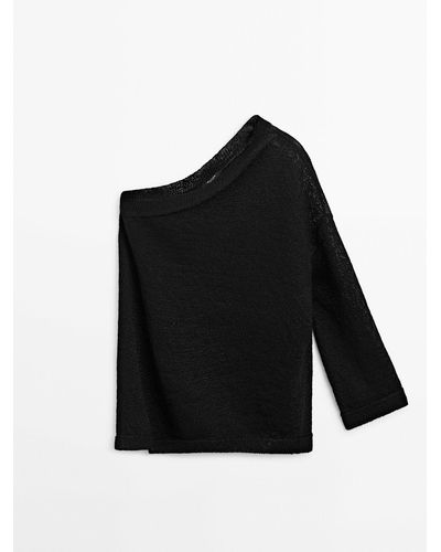 MASSIMO DUTTI Off-The-Shoulder Asymmetric Knit Sweater - Black
