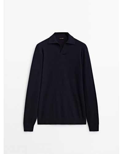 MASSIMO DUTTI Cotton And Wool V-neck Polo Sweater - Blue