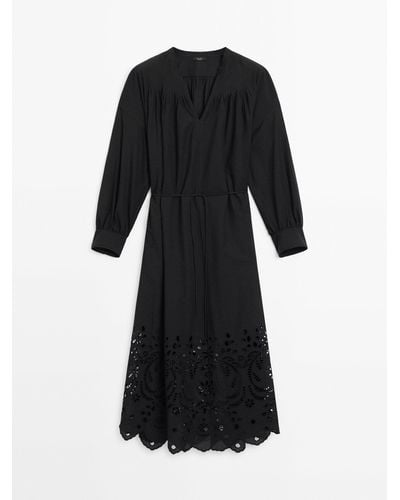 MASSIMO DUTTI 100% Cotton Dress With Embroidered Detail - Black