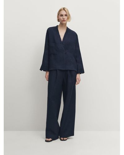 MASSIMO DUTTI Zweireihiger Kimono Aus 100 % Leinen Mit Tasche - Marineblau - S