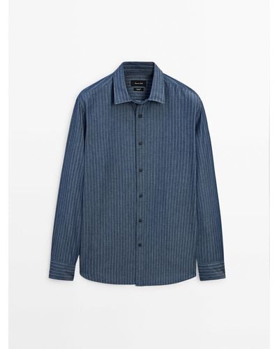 MASSIMO DUTTI Regular Fit Striped Cotton Denim Shirt - Blue