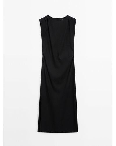 MASSIMO DUTTI Linen Blend Stretch Dress With Pleated Detail - Black