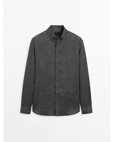MASSIMO DUTTI 100% Linen Regular Fit Shirt - Gray