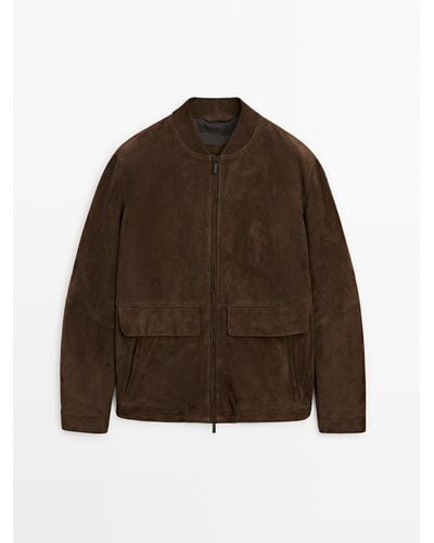 MASSIMO DUTTI Suede Leather Bomber Jacket With Pockets - Brown