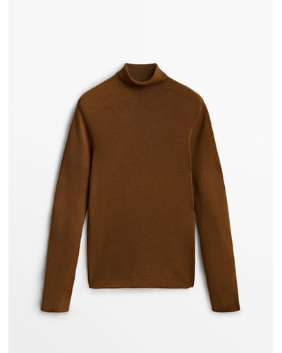 MASSIMO DUTTI High Neck Sweater In 100% Merino Wool - Brown