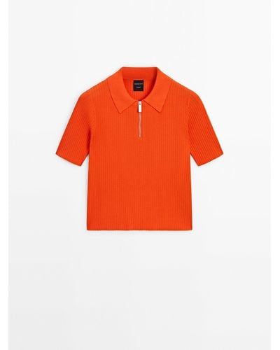 MASSIMO DUTTI Quarter-Zip Knit Polo Shirt - Orange
