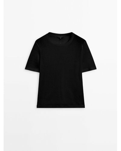 MASSIMO DUTTI 100% Linen Short Sleeve T-Shirt - Black