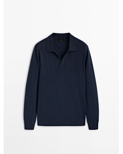 MASSIMO DUTTI Wool Blend Knit Polo Sweater - Blue
