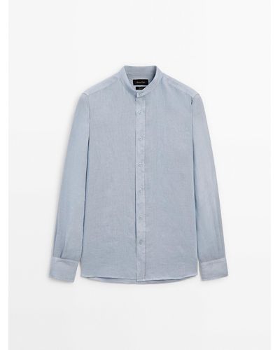 MASSIMO DUTTI Regular-Fit Linen Shirt With A Stand Collar - Blue