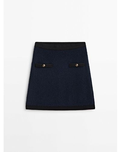 MASSIMO DUTTI Textured Knit Mini Skirt With-Toned Buttons - Blue
