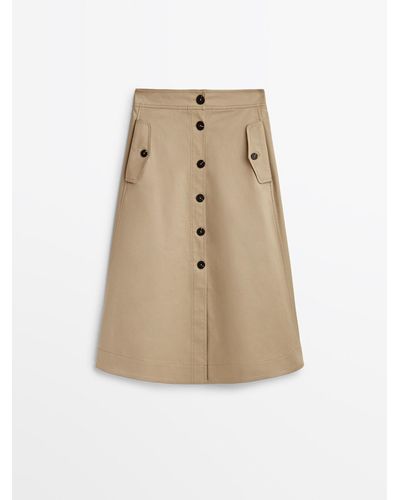 MASSIMO DUTTI Midi Skirt With Contrast Buttons - Natural