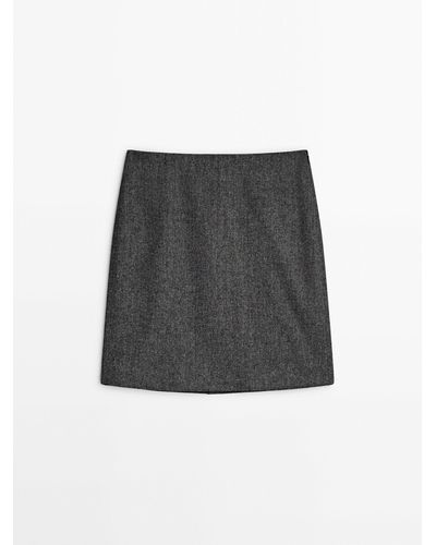 MASSIMO DUTTI Wool Blend Herringbone Short Skirt - Black