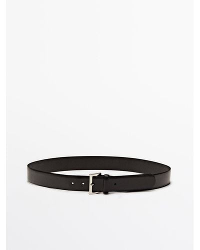 MASSIMO DUTTI Leather Belt With Square Buckle - White