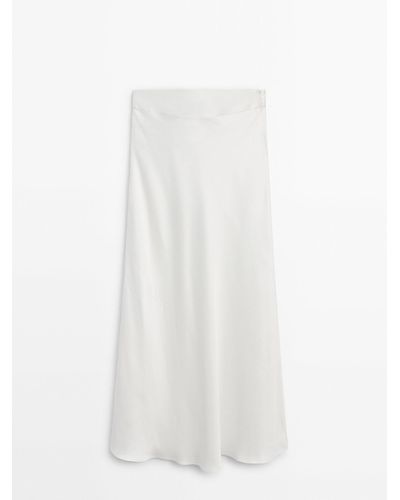 MASSIMO DUTTI Long Satin Skirt With Sash-Effect Waistband - White
