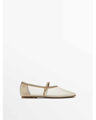 MASSIMO DUTTI Mesh Ballet Flats With Strap Across The Instep - White