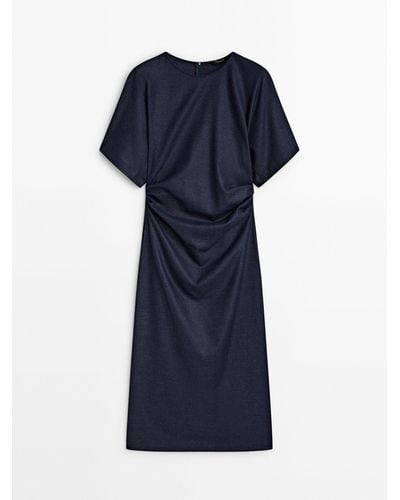 MASSIMO DUTTI Wool Blend Midi Dress With Gathered Detail - Blue