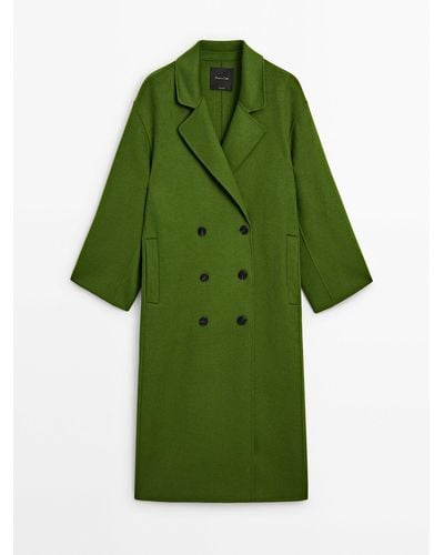 MASSIMO DUTTI Long Wool Blend Double-Breasted Coat - Green