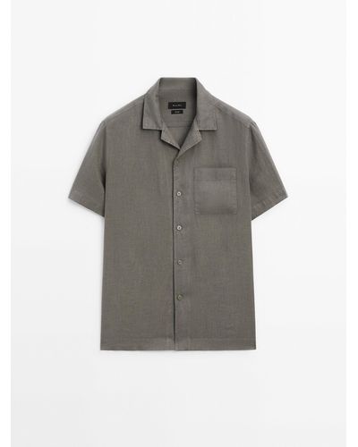 MASSIMO DUTTI Slim Fit Short Sleeve Linen Shirt - Gray