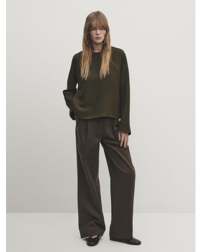MASSIMO DUTTI Bluse Mit Goldfarbenen Seitlichen Knöpfen - Khaki - Xs - Grün