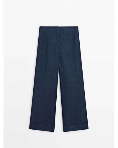 MASSIMO DUTTI 100% Linen Darted Pants - Blue