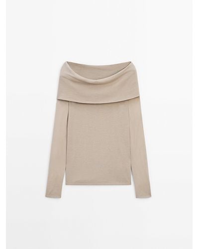MASSIMO DUTTI Long Sleeve Knit Sweater With Exposed Shoulders - Natural