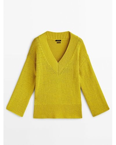 MASSIMO DUTTI V-neck Cotton Sweater - Yellow