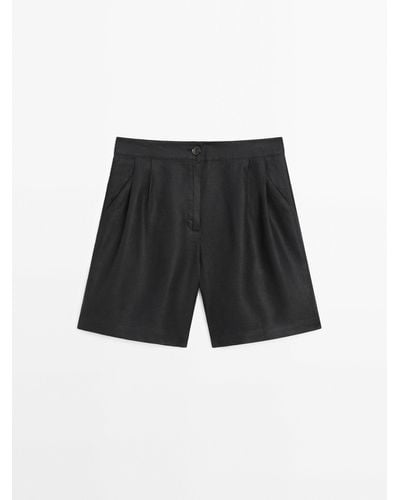 MASSIMO DUTTI 100% Linen Bermuda Shorts With Double Darts - Black