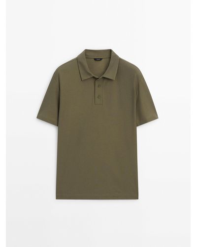 MASSIMO DUTTI Short Sleeve Diagonal Cotton Micro-Twill Polo Shirt - Green