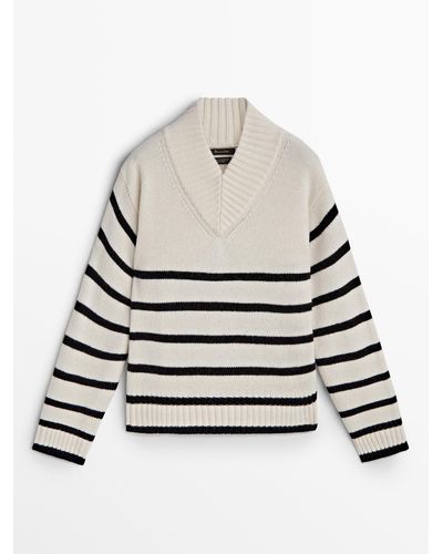 MASSIMO DUTTI High V-Neck Wool Blend Sweater - Gray