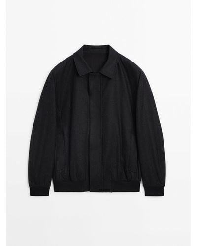 MASSIMO DUTTI Wool Blend Bomber Jacket With Shirt Collar - Black