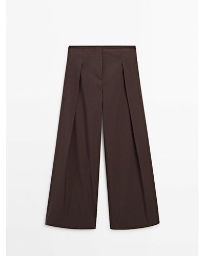 MASSIMO DUTTI Wide-Leg Poplin Pants With Pleated Detail - Brown