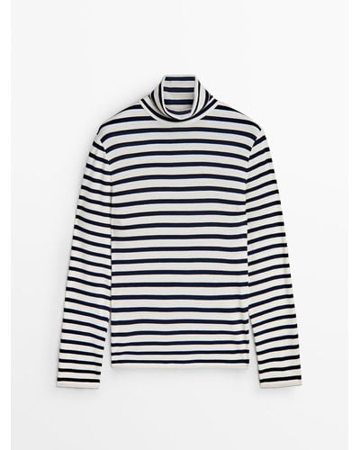 MASSIMO DUTTI Long Sleeve Striped T-Shirt With A High Collar - Blue