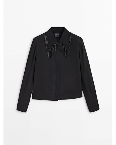 MASSIMO DUTTI Cropped Shirt With Beaded Fringe On The Collar - Black
