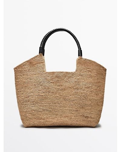 MASSIMO DUTTI Raffia Tote Bag With Leather Handles - Natural