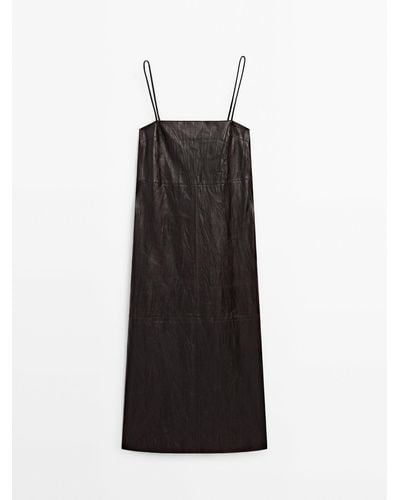 MASSIMO DUTTI Crackled Nappa Leather Midi Dress - Black