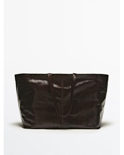 MASSIMO DUTTI Maxi Crackled Leather Tote Bag - Black