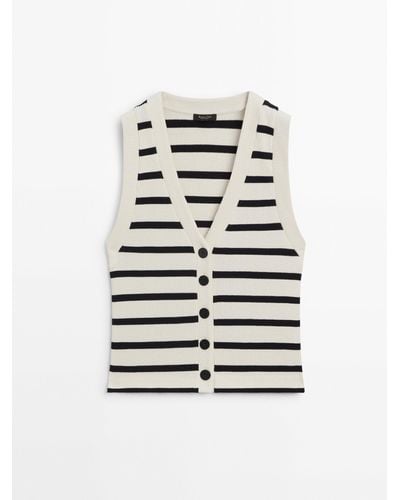 MASSIMO DUTTI Striped Ribbed Cotton Waistcoat With Buttons - White