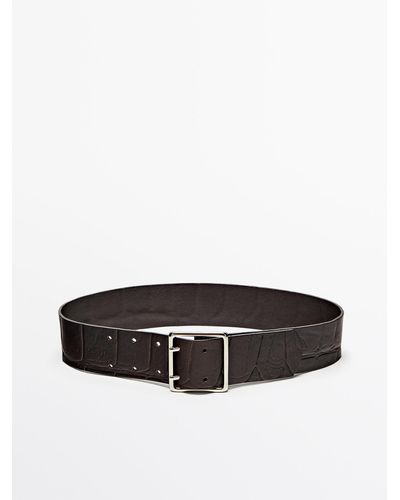 MASSIMO DUTTI Leather Belt With Square Buckle - White