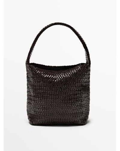 MASSIMO DUTTI Woven Nappa Leather Bucket Bag - Black