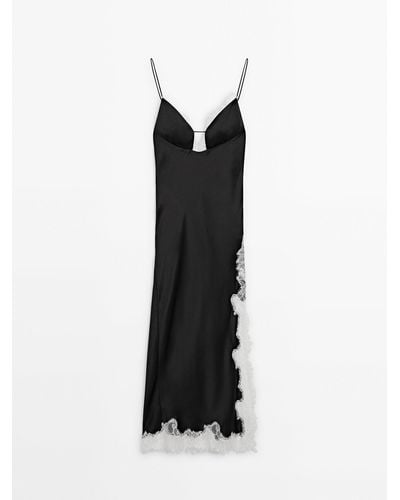 MASSIMO DUTTI Satin Camisole Dress With Contrast Lace - Black