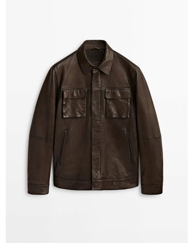 MASSIMO DUTTI Tumbled Leather Jacket With Pockets - Brown