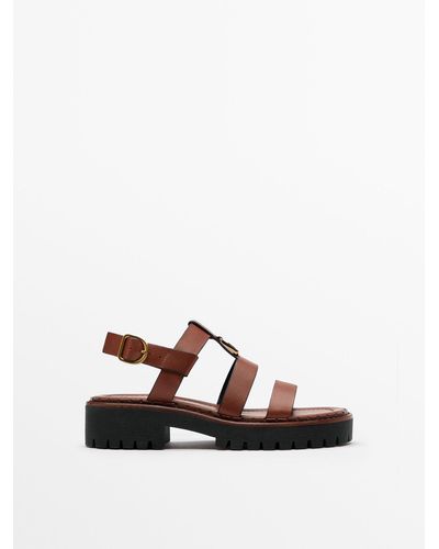 MASSIMO DUTTI Leather Sandals With Track Sole - Natural