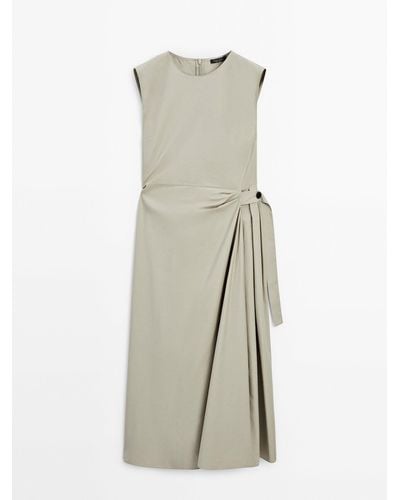 MASSIMO DUTTI Poplin Dress With Knot Detail - Natural