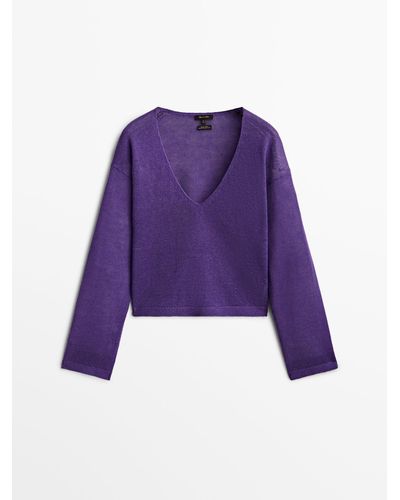 MASSIMO DUTTI 100% Linen V-neck Sweater - Purple