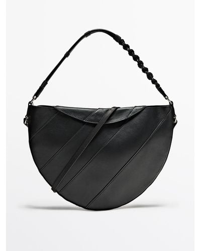 MASSIMO DUTTI Nappa Leather Half-Moon Bag With Woven Strap - Black