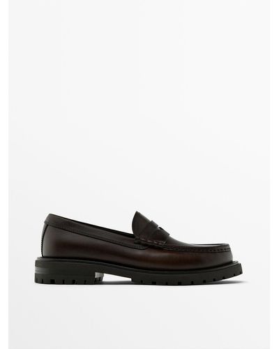 MASSIMO DUTTI Track Sole Loafers With Penny Strap - Black