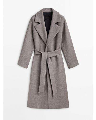MASSIMO DUTTI Flecked Wool Blend Robe Coat With Belt - Gray