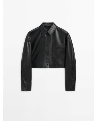 MASSIMO DUTTI Nappa Leather Cropped Shirt - Black