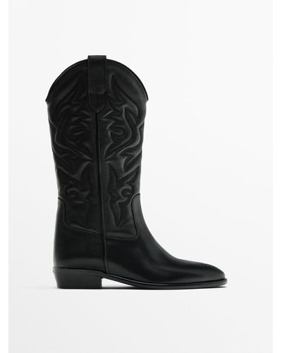 MASSIMO DUTTI Leather Embroidered Cowboy Boots - Black